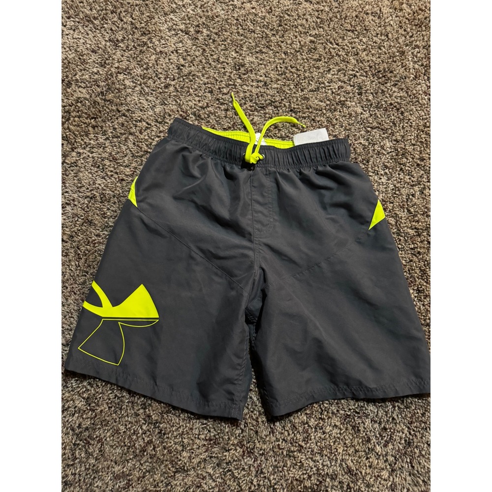 Under Armour Mens Gray Neon Yellow Athletic Shorts Mesh Lined Size Medium